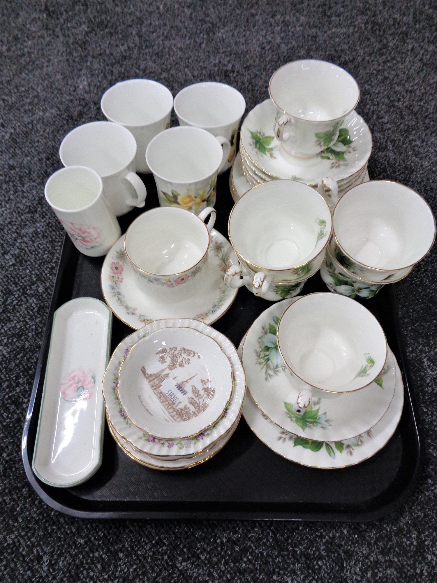 A tray of six Royal Albert Trillium china trios together with Duchess china mugs,