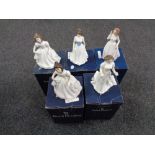 Five Royal Doulton boxed figures to include Sentiments Greetings HN4250, Joy HN3875,