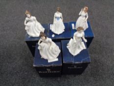 Five Royal Doulton boxed figures to include Sentiments Greetings HN4250, Joy HN3875,