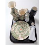 A tray containing Mason's Applique china vase, jug and plate, Lladro figure (AF), A Franz vase,