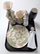 A tray containing Mason's Applique china vase, jug and plate, Lladro figure (AF), A Franz vase,