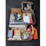 Three boxes of table linen, craft items, note paper,