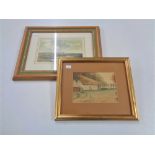 A watercolour depicting a rural homestead, indistinctly signed, in gilt frame,