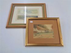 A watercolour depicting a rural homestead, indistinctly signed, in gilt frame,