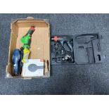 A box of reciprocating saw, electric sander, cased Skill heat gun, set of headphones.