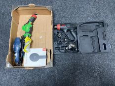 A box of reciprocating saw, electric sander, cased Skill heat gun, set of headphones.