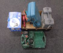 A box of power tools, Hitachi router, Bosch drill,