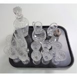 A tray containing cut glass and lead crystal drinking glasses to include Stewart crystal, decanter,