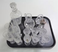 A tray containing cut glass and lead crystal drinking glasses to include Stewart crystal, decanter,