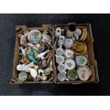 Two boxes containing assorted china and ornaments to include figurines, Denby mugs,