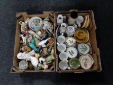 Two boxes containing assorted china and ornaments to include figurines, Denby mugs,