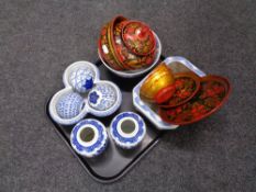 A tray of Oriental wares, blue and white ginger jars and bowls,