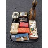 A tray of boxed Shaeffer pen, plated tea pot, Oriental trinket boxes,