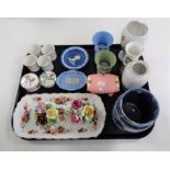 A tray of assorted china to include Royal Doulton egg cups, Wedgwood Jasperware,