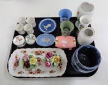 A tray of assorted china to include Royal Doulton egg cups, Wedgwood Jasperware,