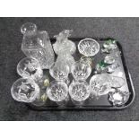 A tray containing assorted glassware to include lead crystal drinking glasses,