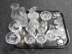 A tray containing assorted glassware to include lead crystal drinking glasses,