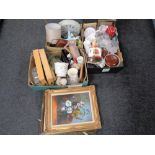 Three boxes of items including assorted tea china, glass ware, wooden trays, kitchen scales,