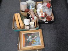 Three boxes of items including assorted tea china, glass ware, wooden trays, kitchen scales,