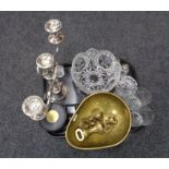 A tray of assorted glass, three way plated candelabra,