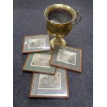 An antique brass planter together with four framed colour etchings to include Hall of the Royal