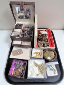 A tray of assorted jewellery boxes and costume jewellery including watches, bracelets,