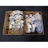 Two boxes containing antique and later tea china, two blue and white chamber pots,