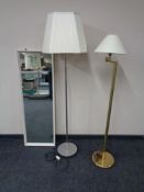 A 20th century white framed hall mirror together with a brass floor lamp with shade and a chrome