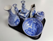 A tray of Spode Italian blue and white bowl, Fenton ware blue and white vase,