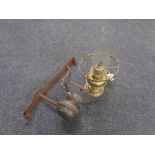 A brass Duplex oil lamp with glass chimney together with an oil lamp with antique cast bracket