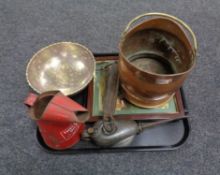 A tray containing brass and copper miniature coal bucket, two vintage oil cans, Salters Improved No.