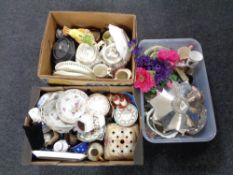 Two boxes and a crate of antique and later china, china ribbon dishes,