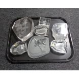 A tray containing six glass animal paperweights to include Cristal D' Arques.