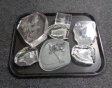 A tray containing six glass animal paperweights to include Cristal D' Arques.