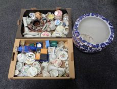 Two boxes of china including antique lustre teapot, Wedgwood vase,