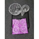 A tray containing assorted glassware to include a boxed set of four Edinburgh Crystal hand cut lead