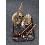A tray of pair of replica flintlock pistols,