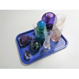 A tray containing assorted glassware to include Mdina glass decanter, art glass, perfume bottle,