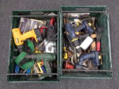 Two plastic crates of power tools and hand tools, electric drills by Einhell,