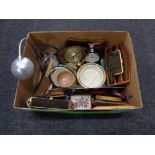 A box of miscellania to include mid 20th century mantel clock, hardwood letter rack,