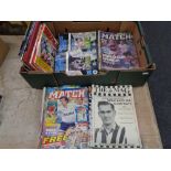 A box containing football annuals, late 20th century Newcastle United programmes,