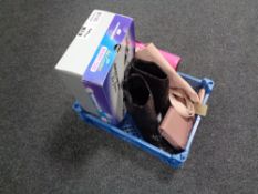 A box containing lady's Sketchers size 10, a pair of ankle boots size 7, a Next Accessories purse,