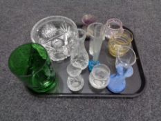 A tray of assorted glass ware to include cut glass lead crystal fruit bowl and vase,