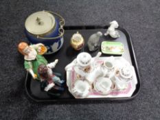 A tray containing assorted china to include a silver plated Wedgwood Jasperware blue and white