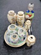 A tray of Oriental wares, Japanese vases, crackle glazed boy figure, ginger jars,