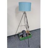 A contemporary metal adjustable standard lamp with shade together with a box of four hanging light