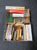 Two boxes containing framed prints, picture frames, counter top display cabinets,