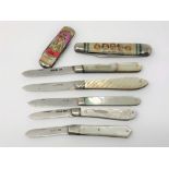 Five 20th century mother of pearl-handled fruit knives with silver blades and two Royal