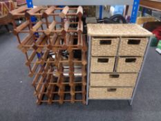 A metal and wicker six drawer chest together with two wooden wine racks.