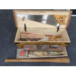A joiner's tool box containing small quantity of hand tools, wood block planes, metal rule,